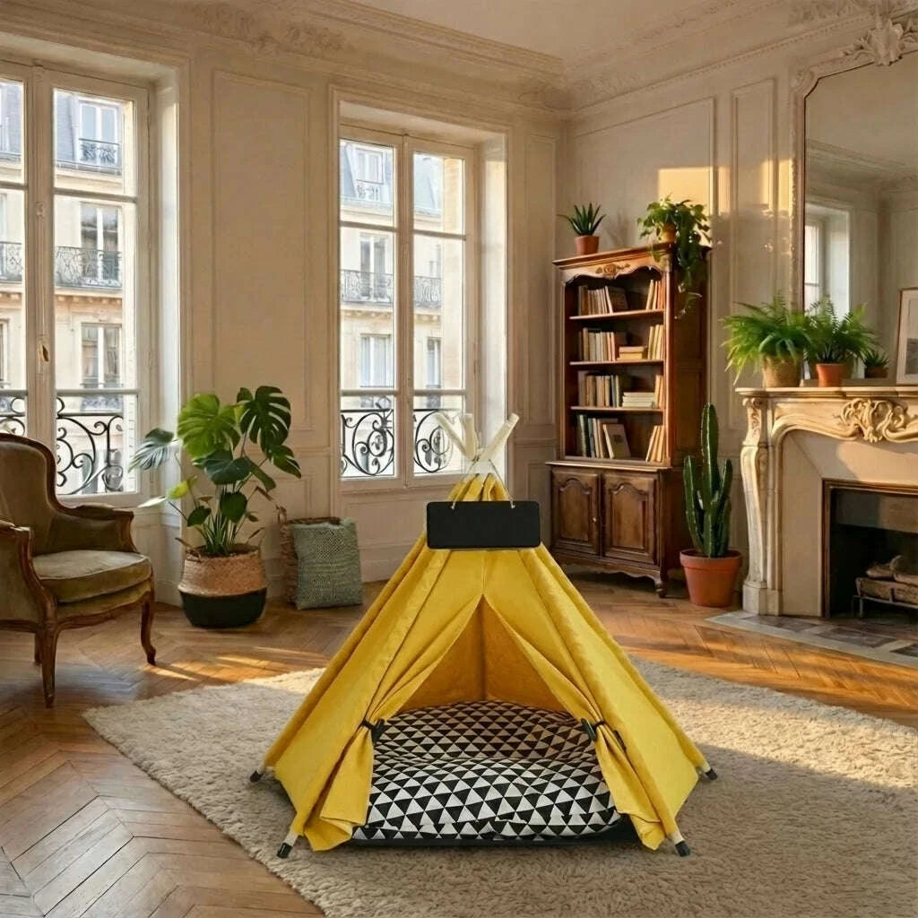 Petite tente pour chat, en situation salon